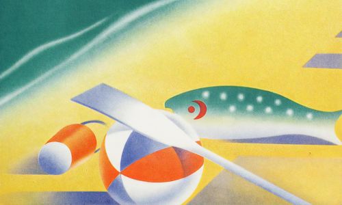 Beach with sail boats, fish, balls and paddle on the sand. 